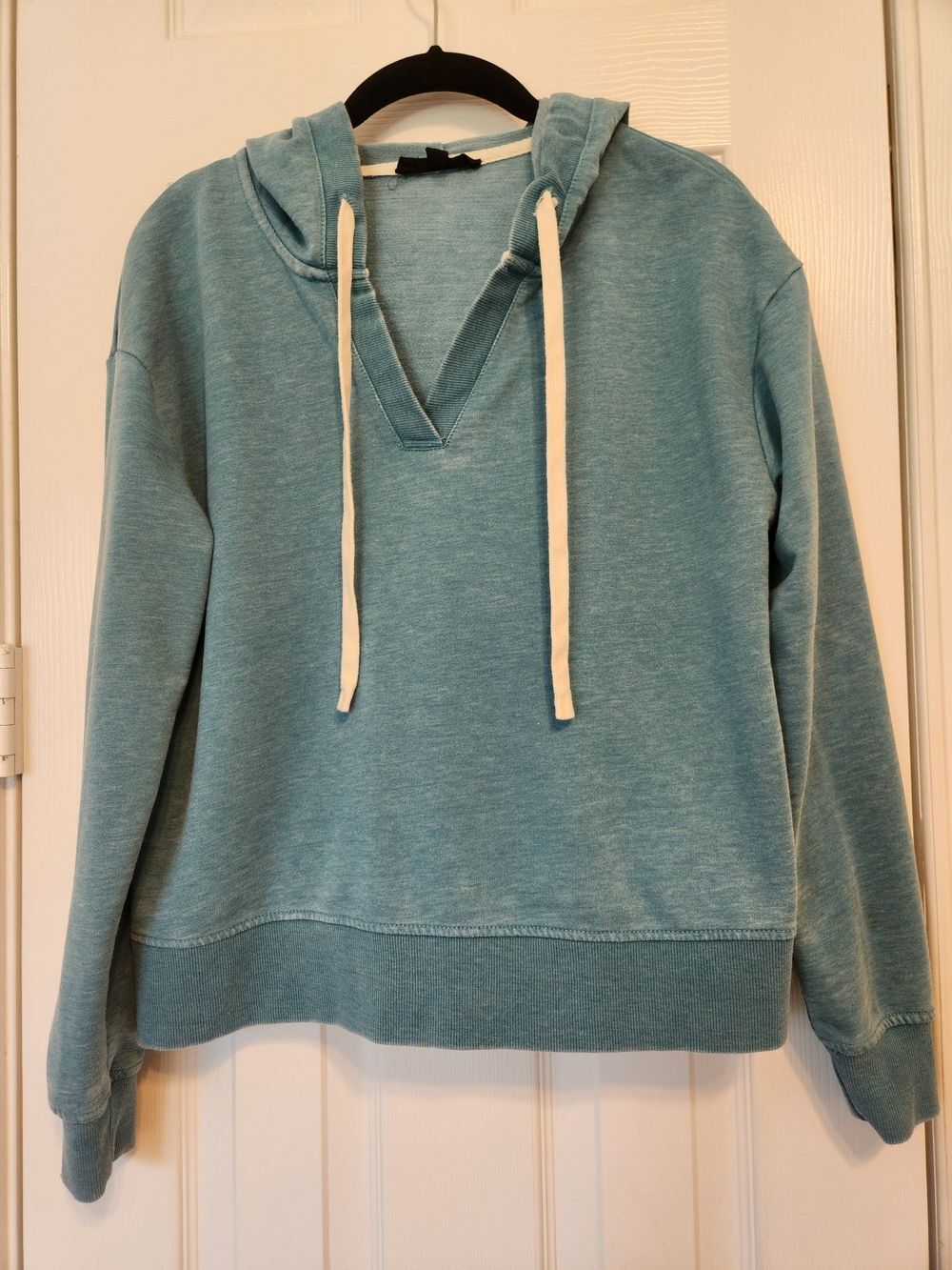 Jane and Delancey Teal Hooded V-Neck Sweatshirt with Cream Drawstrings